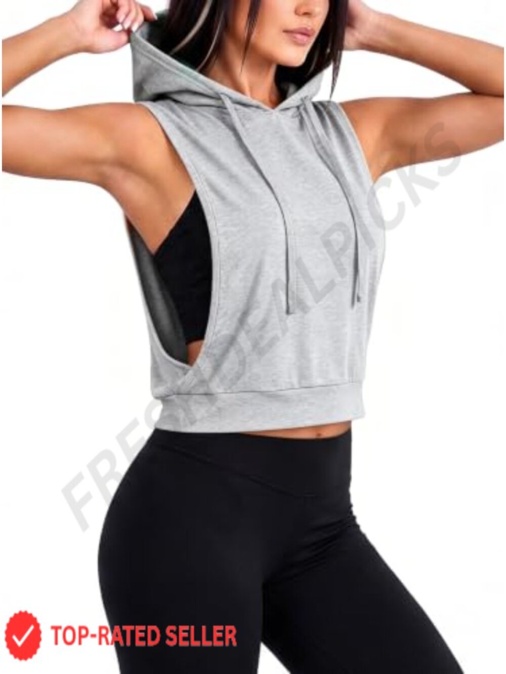 Sleeveless Hooded Crop Tank Top Drawstring Open Side Workout Gym Shirt